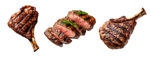 Juicy grilled lamb leg with bone, seared to perfection, showing char marks, isolated on white transparent background. Concept of gourmet meat cuisine