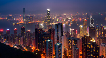 Obraz premium Cityscape at Night Illuminated with Bright Lights and Glowing Structures