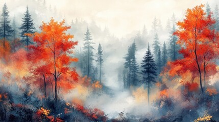 Misty autumn forest landscape with vibrant red and orange foliage