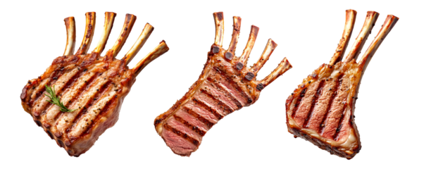 Juicy grilled rack of lamb with char marks, seasoned and cooked to perfection, isolated on white transparent background, concept of gourmet cuisine