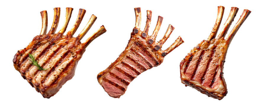 Juicy grilled rack of lamb with char marks, seasoned and cooked to perfection, isolated on white transparent background, concept of gourmet cuisine