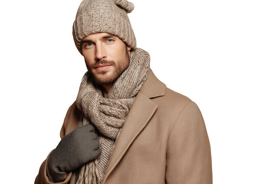 Mann in Winterkleidung mit Schal und M&uuml;tze PNG mit transparentem Hintergrund

