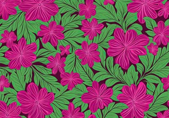 Fototapeta premium Tropical leaves and flowers seamless pattern, pink and green color scheme