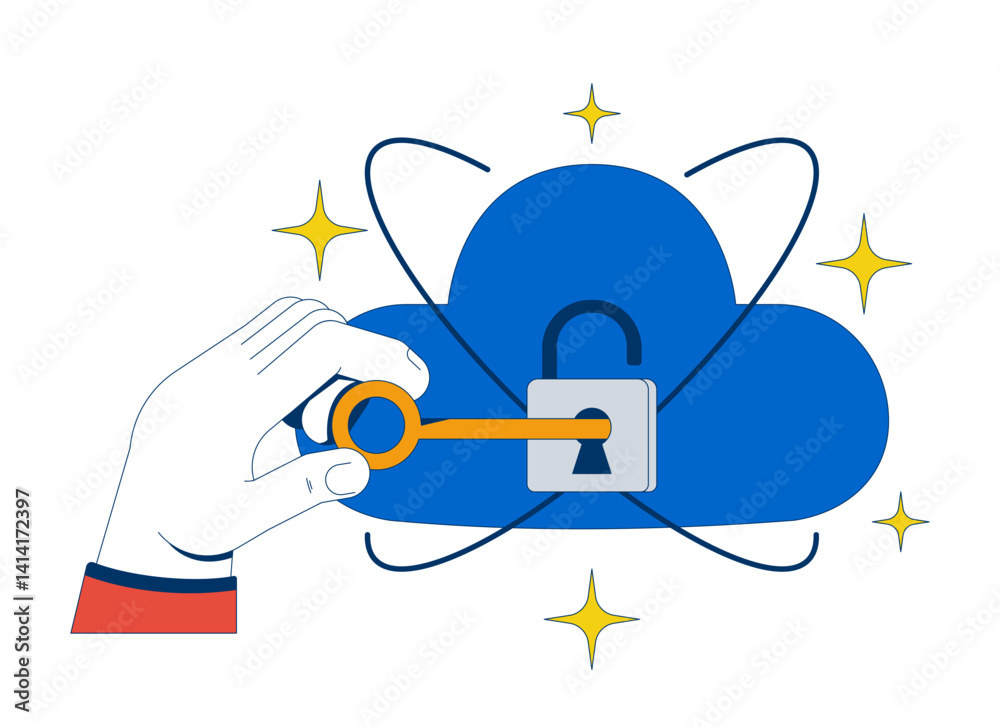 Poster keeping data safe on cloud encryption 2d illustration concept. access management, cybersecurity. saa