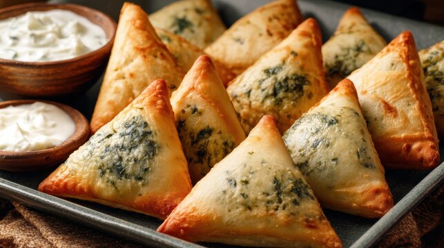 Syrian Fatayer Pastries with Spinach, Triangle Shaped, on Matte Tray with Yogurt Dip, Soft Warm Light