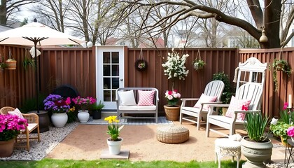 Charming Backyard Patio Design Ideas with Pink Accents & Cozy Seating