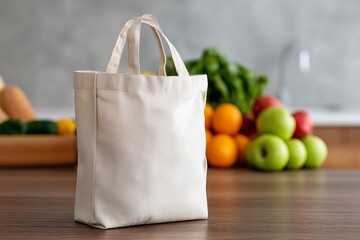 Reusable shopping bag in a kitchen with fresh fruits and vegetables in the background.