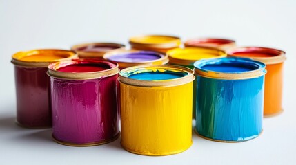 A row of paint cans in various colors, including red, yellow, and blue