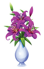 Purple lily flowers in vase with lush leaves and curved petals. Vector cartoon illustration