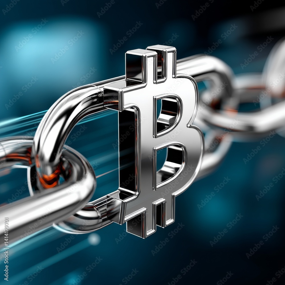 Poster Bitcoin Blockchain Concept: Silver Symbol Linked on Chain Against Blue Gradient Background