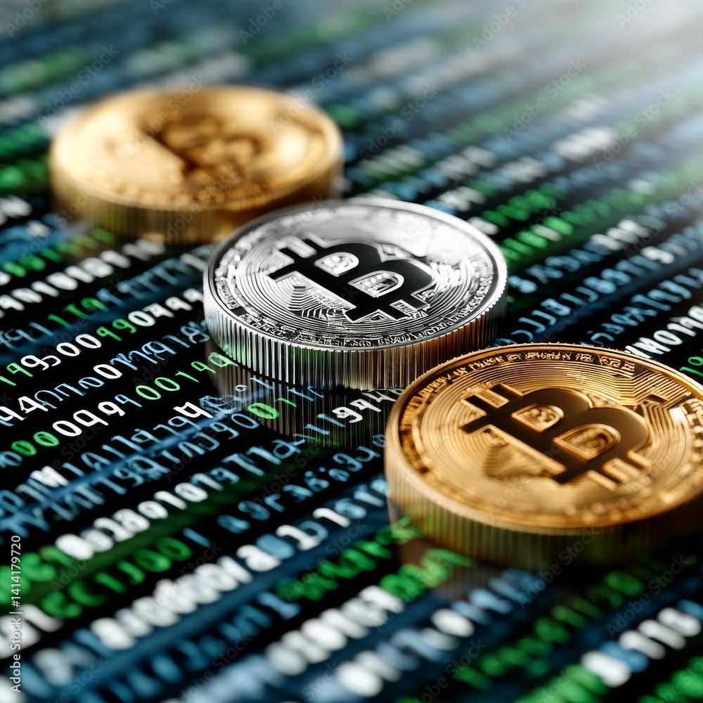 Fototapete Bitcoin Cryptocurrency Digital Currency Decentralized System on Binary Code Background, representing finance and digital technology.