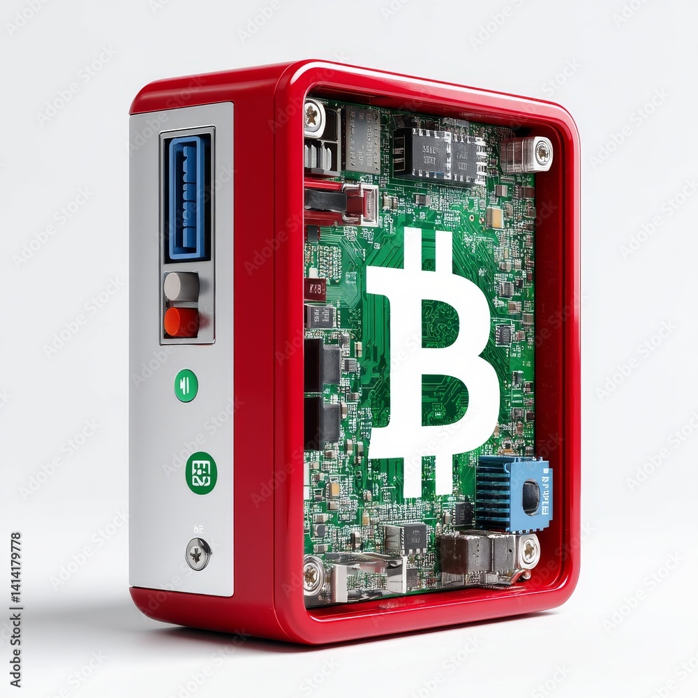 Poster Bitcoin Hardware Wallet: Red and Silver Case with Visible Internal Circuitry, Cryptocurrency Technology