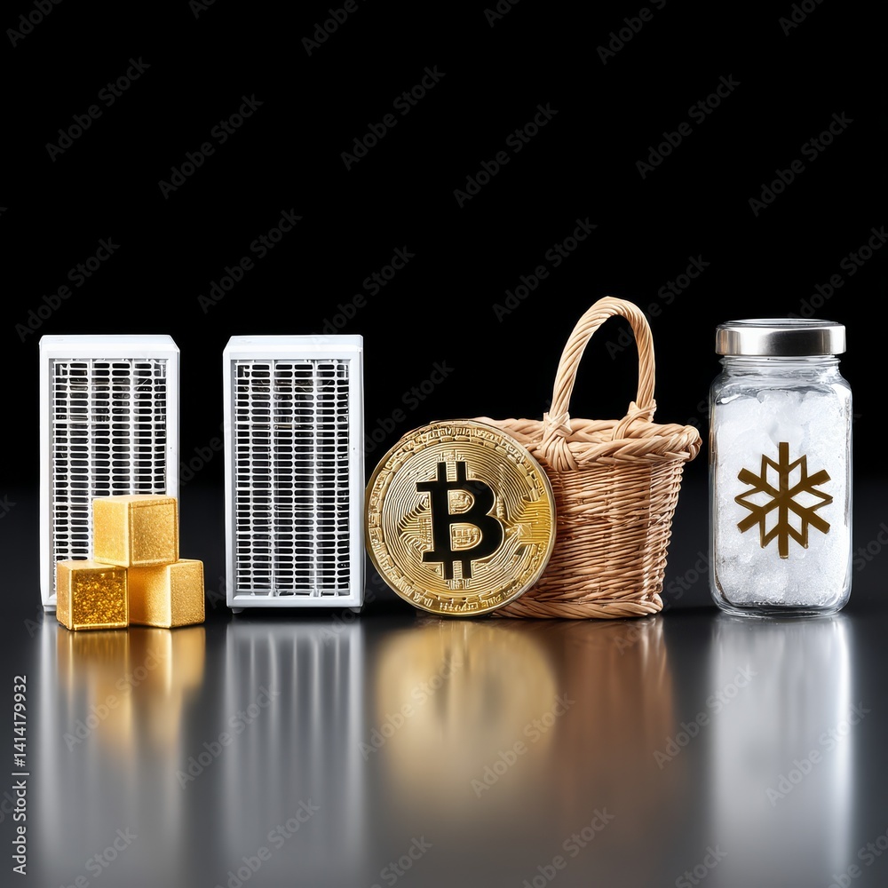 Poster Bitcoin Mining Hardware and Digital Asset Storage: A Conceptual Illustration of Cryptocurrency Security and Cold Storage.