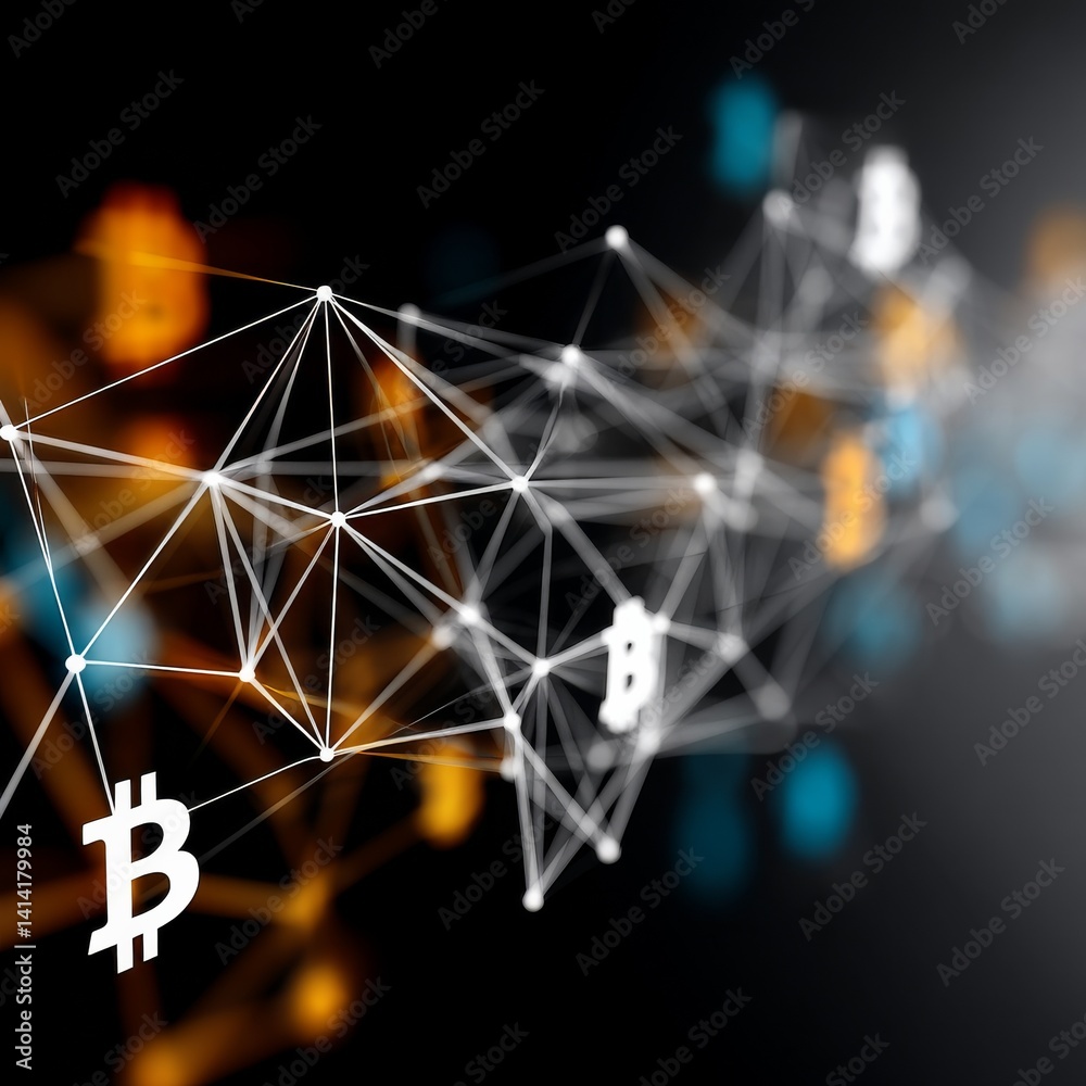 Aufkleber Bitcoin Network: Decentralized Blockchain Technology with Interconnected Nodes and Digital Currency Symbols 