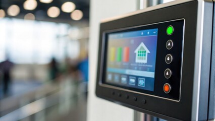 Fototapeta premium A close-up of a smart control panel displaying home automation features, set against a blurred modern interior.