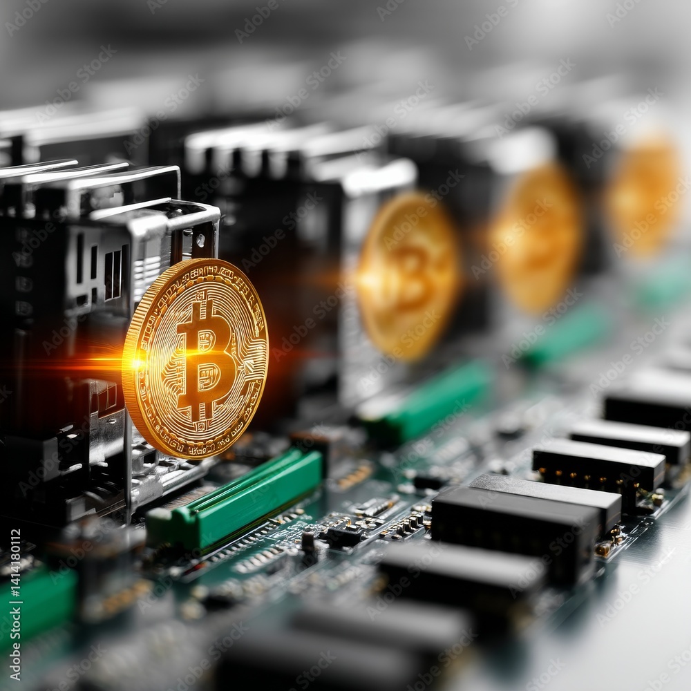 Poster Bitcoin on Motherboard: Digital Currency and Technology Convergence Shining Brightly in the Financial Ecosystem.
