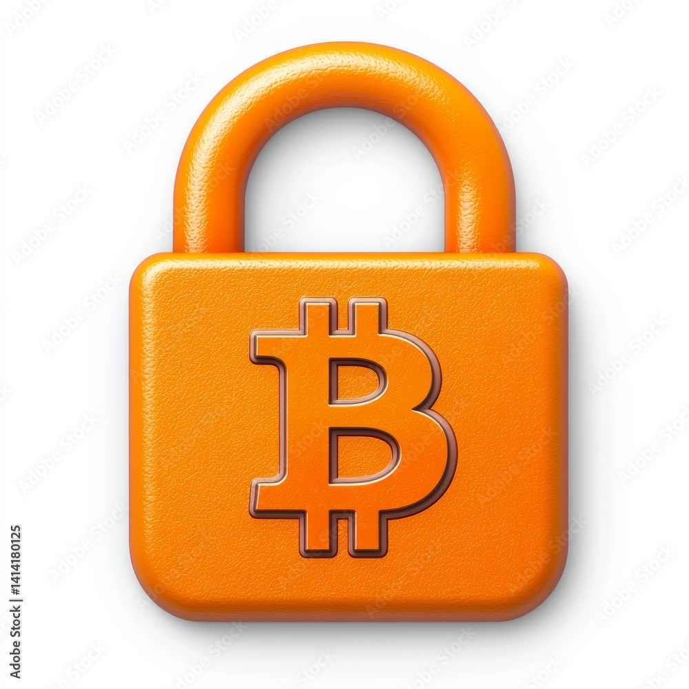 Poster bitcoin security: orange padlock with bitcoin symbol on a white background - digital currency protec