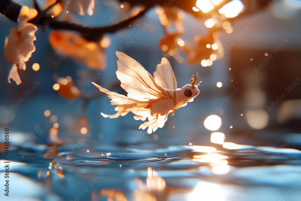 Aufkleber A whimsical digital rendering depicts a creature with butterfly-like wings hovering over water. The scene is bathed in a warm glow from an overhead light source with soft focus and dreamy bokeh