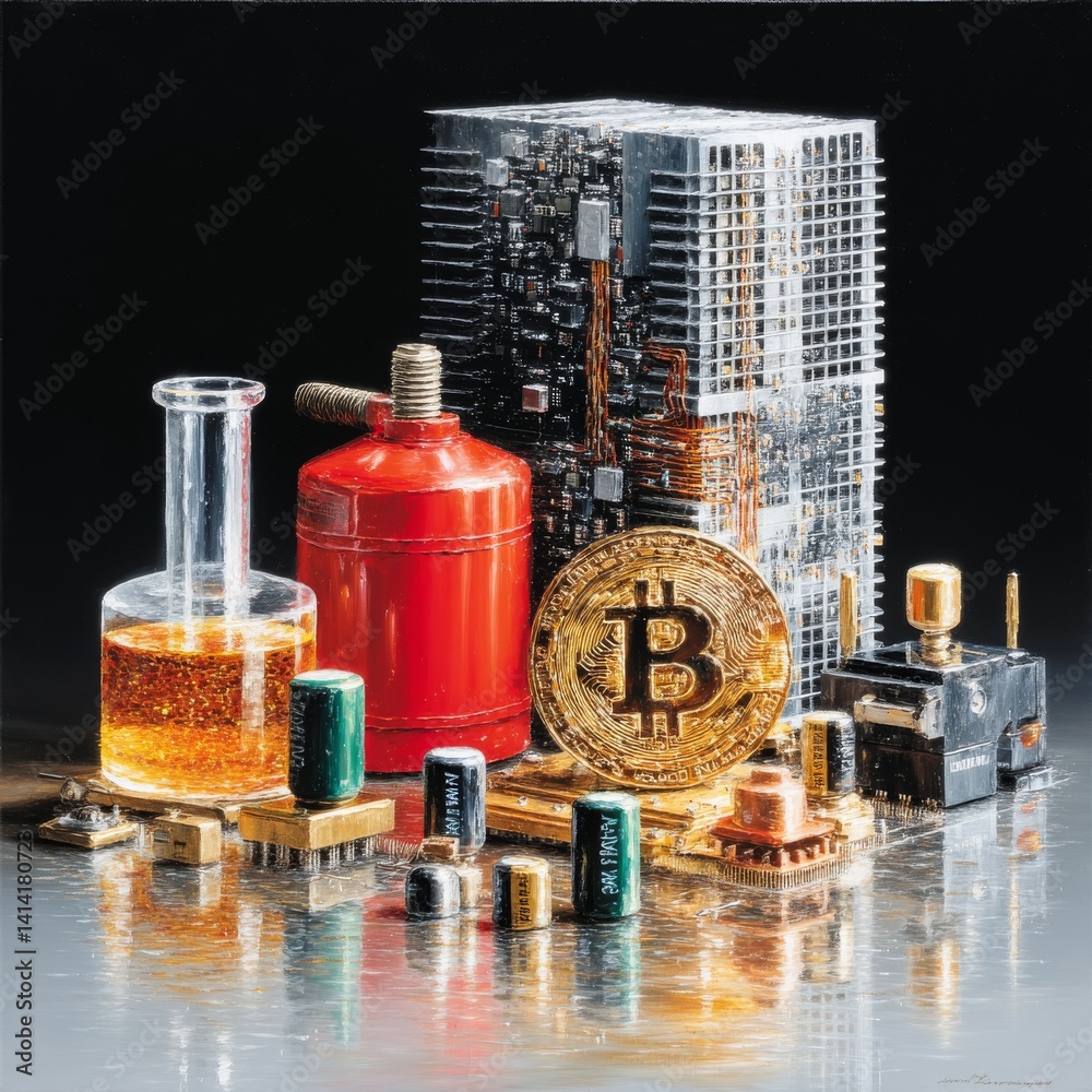 Aufkleber Digital Gold Still Life: Depicting Bitcoin's Value and Technological Foundation with Intricate Details