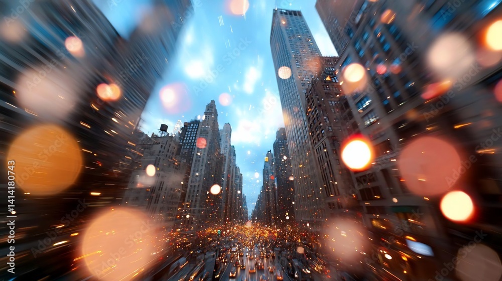 Aufkleber Cityscape view with buildings and bokeh lights during the blue hour, with a perspective view and blurred effect enhancing depth