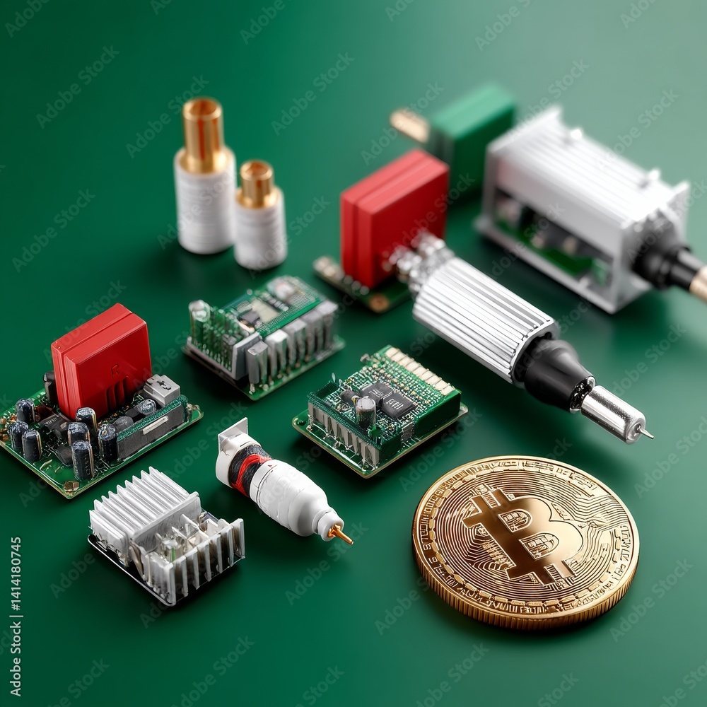 Aufkleber electronic components and bitcoin: a convergence of technology and cryptocurrency on green backdrop