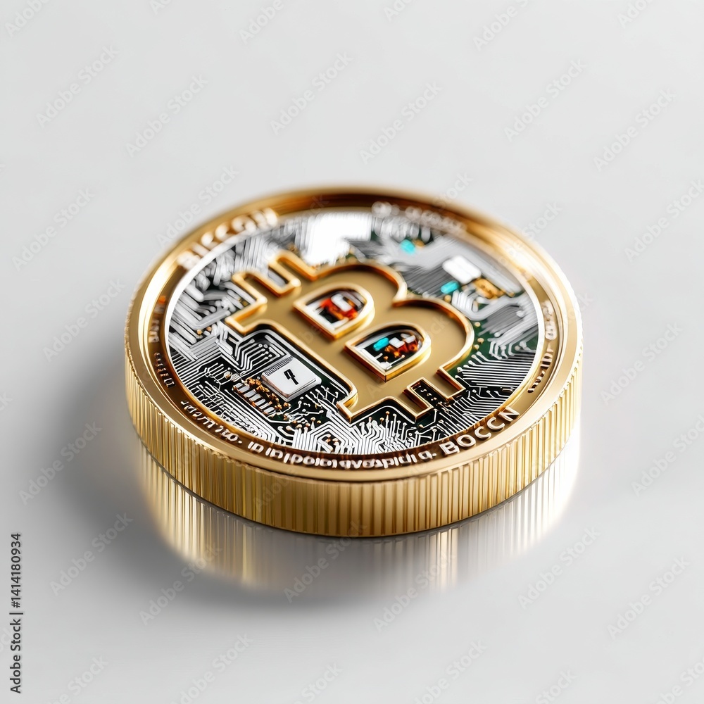 Aufkleber Gold Bitcoin Coin with Intricate Circuitry Design on a Light Background, Emblematic of Cryptocurrency Innovation.