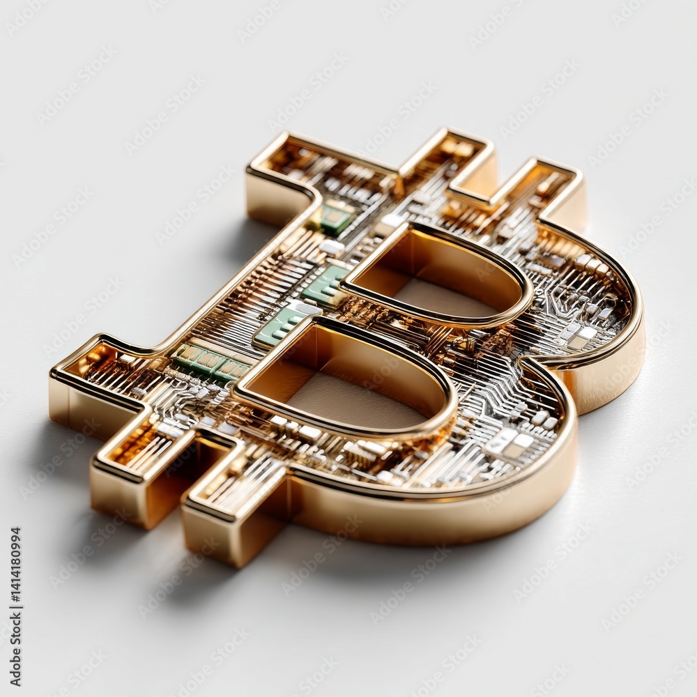 Aufkleber Golden Bitcoin Symbol Embedded with Circuit Board Technology on a White Background, Close-Up Perspective