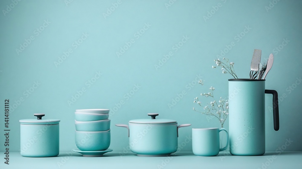 Poster Generic kitchenware set arranged on a light blue surface with subtle textures and decorative sprigs creating a serene still life composition