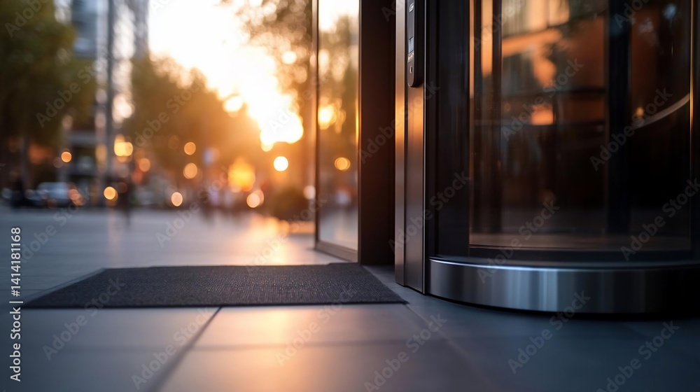 Poster Exterior view of a modern structure entrance during sunset with golden sunlight illuminating the scene creating warm ambience