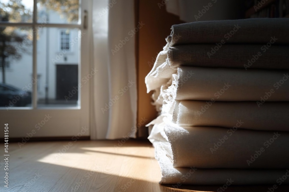 Poster close up view of folded white and beige fabrics with natural sunlight on wooden floor near window. s