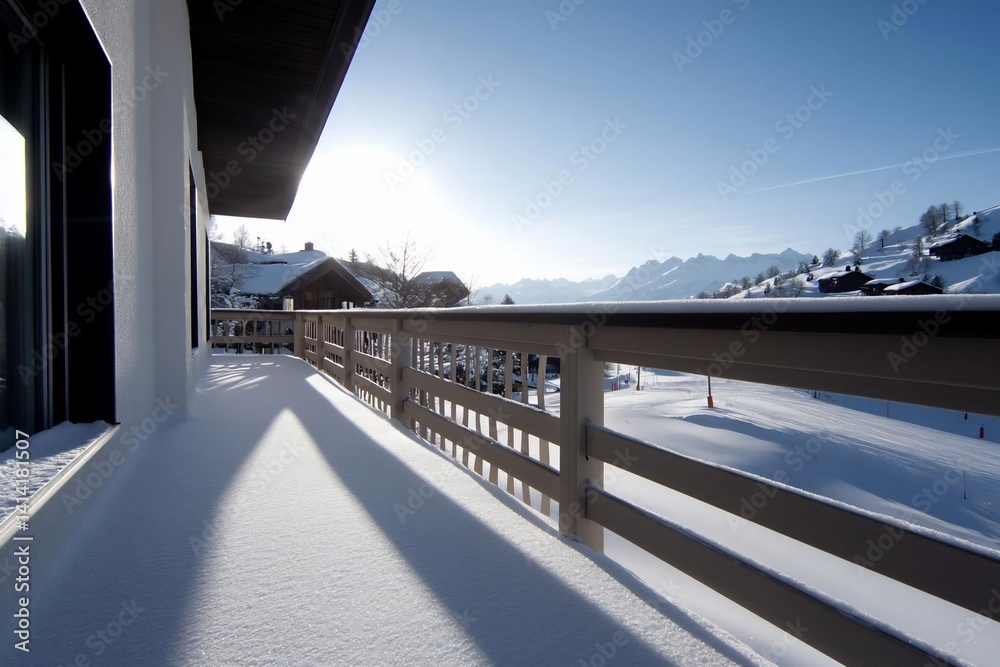 Fototapete snow-covered balcony scene with a wooden railing against a backdrop of snow-covered mountains under 