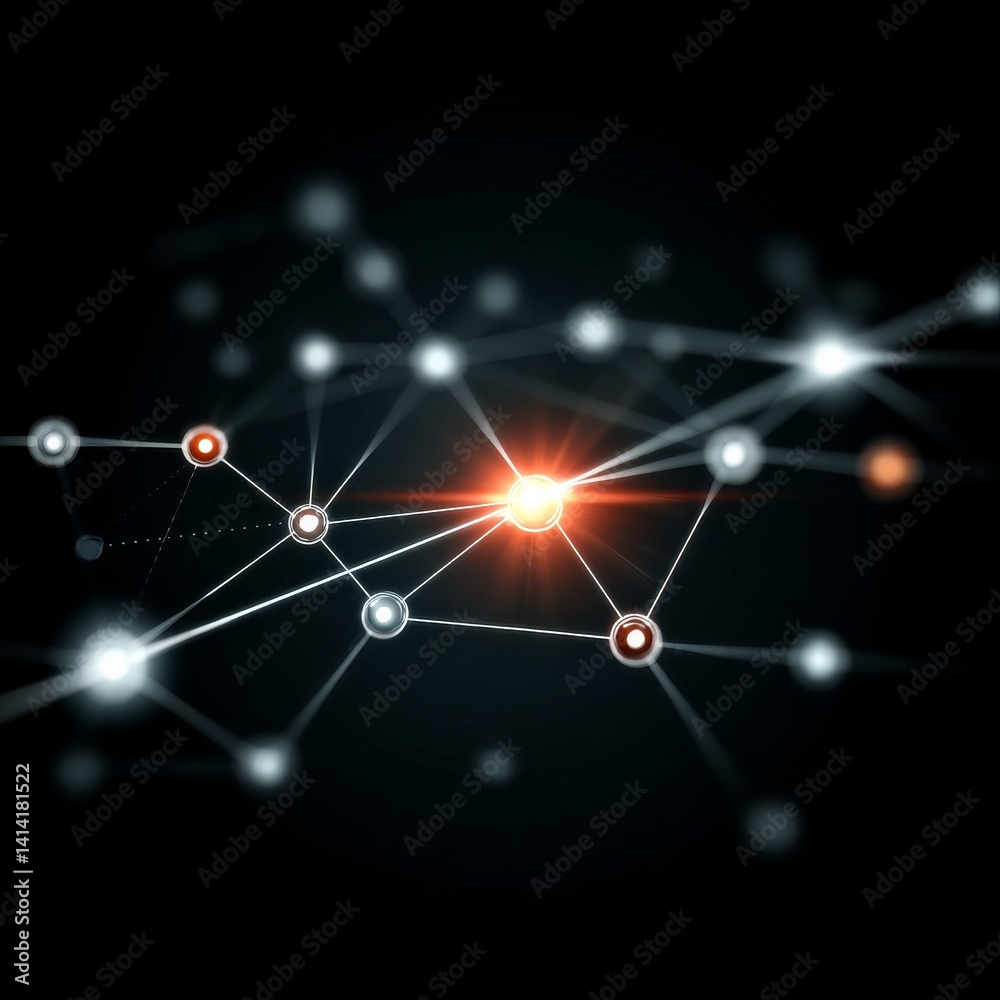 Poster Network Mesh: A Luminous Interconnection of Data Points in a Dark Digital Space, Representing Connectivity and Innovation
