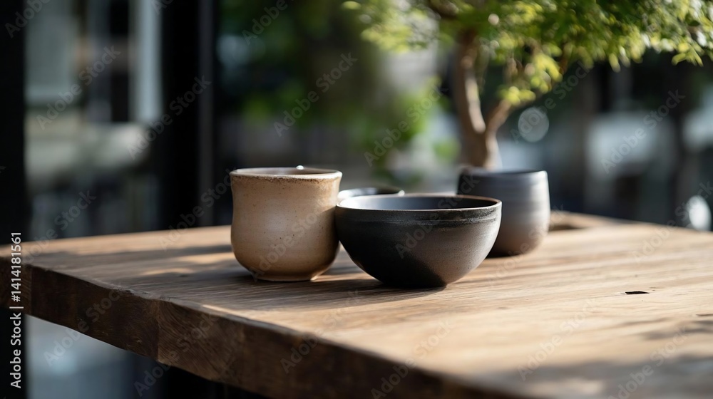 Poster ceramic cups and a bowl arranged on a wooden table near a small potted plant against a blurred backg