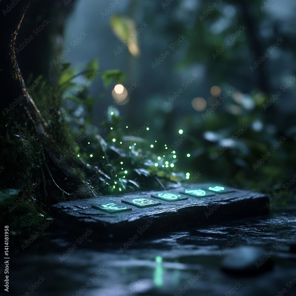 Aufkleber Mystical scene with glowing inscriptions in a forest setting. The stone tablet with green inscriptions rests near water, surrounded by lush foliage and soft lighting creating an ethereal atmosphere