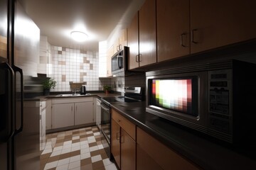 Fototapeta premium Glitched Microwave in Kitchen A standard kitchen scene with a microwave appearing visually glitched, its screen distorted and parts of its body digitally warped. 