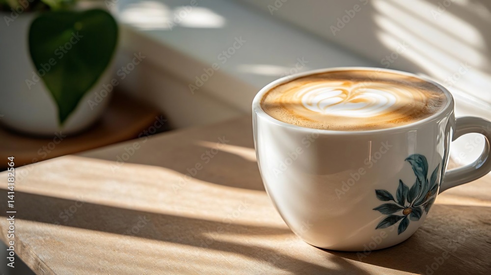 Poster close-up of a coffee cup with latte art sitting on wooden surface with sunlight. a plant is visible 