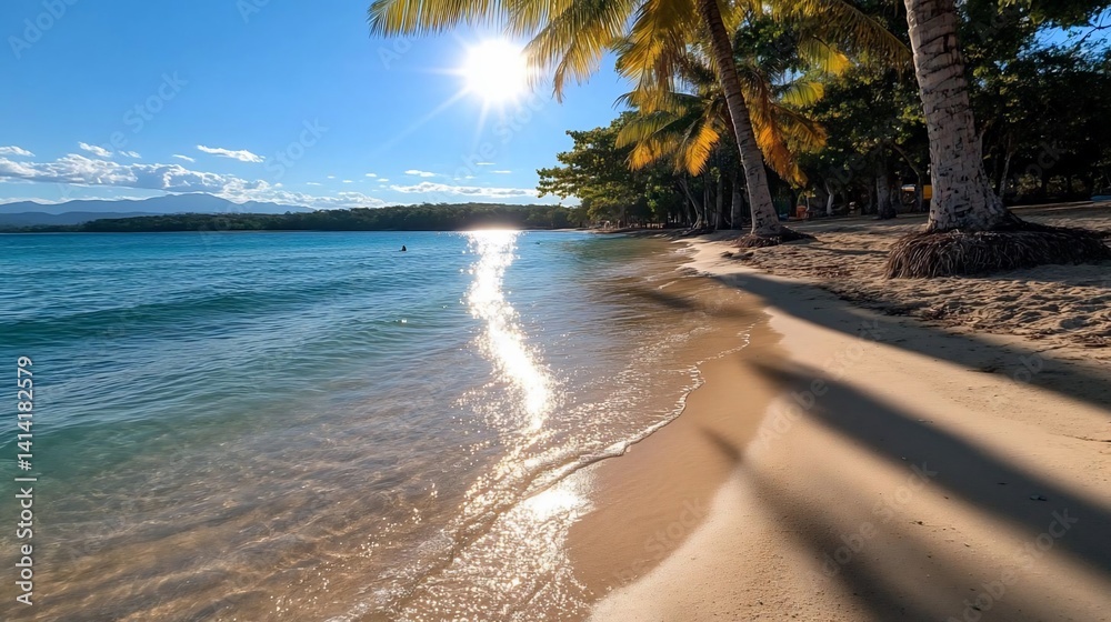 Aufkleber bright sunlit beach scene with shimmering water waves against a sandy shore. palm trees line the edg