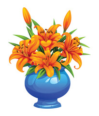 Lush orange lilies in a shiny blue vase with green leaves. Vector cartoon illustration