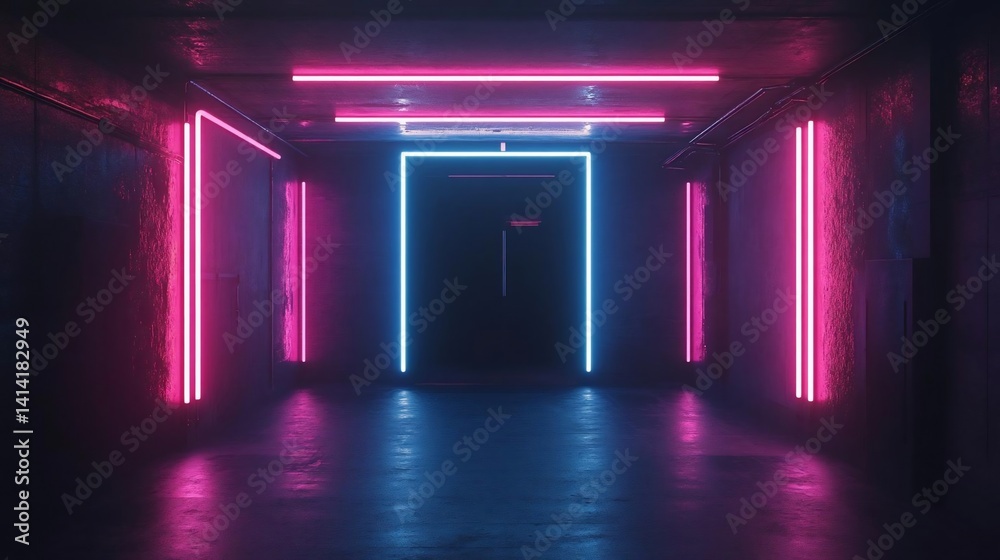 Poster neon lights illuminate a dark corridor with a wet surface creating a futuristic ambiance. pink and b