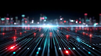 Obraz premium Futuristic data lattice texture with glowing azure and red lights creates mesmerizing digital landscape. This vibrant scene evokes sense of advanced technology and innovation