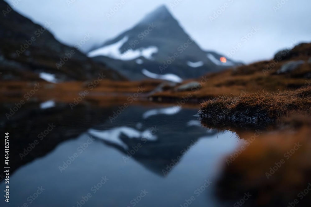 Poster a mountain reflecting in water with orange and brown vegetation in a moody atmosphere. dramatic ligh