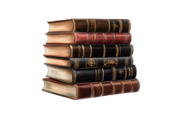 Stack of antique leather bound books gold lettering old library literature collection