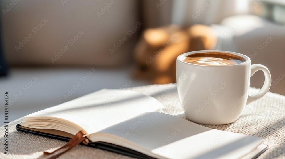 Poster Close up image of a white coffee mug with a latte on a beige surface beside an open notebook with sunlight and blurred background creating warmth