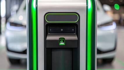 A modern electric vehicle charging station with a sleek design and illuminated green accents, showcasing advanced technology in sustainable transport.
