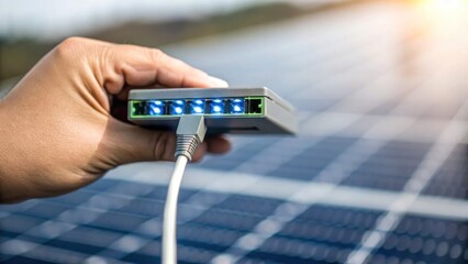 A hand connects a device to a solar panel, highlighting the integration of technology and renewable...