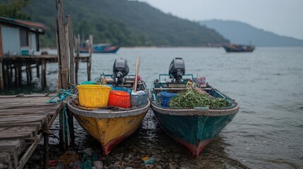 Obraz premium Small fishing boats moored at a wooden dock on a calm overcast day