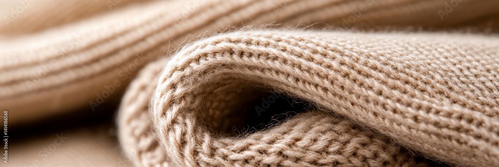 Poster Close-up shot of a folded neutral knitted fabric texture highlighting the intricate pattern and soft texture. The lighting accentuates the woven details and subtle color variations