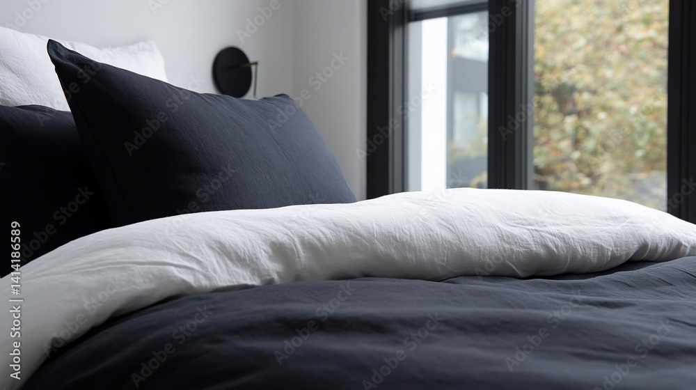 Poster close up of a bed with blue and white bedding, two black pillows with white bedding, and a view of t