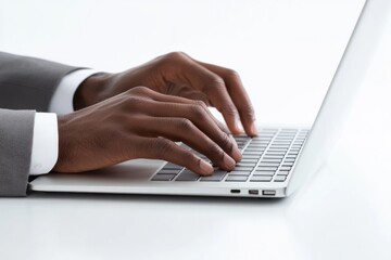 Close-up of dark hands typing on a silver laptop keyboard, showcasing efficient work.