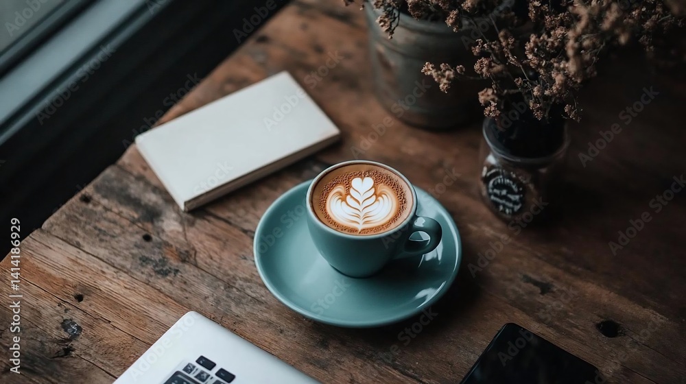 Aufkleber a coffee cup with latte art sits on a blue saucer atop a rustic wooden table with a notebook and a b